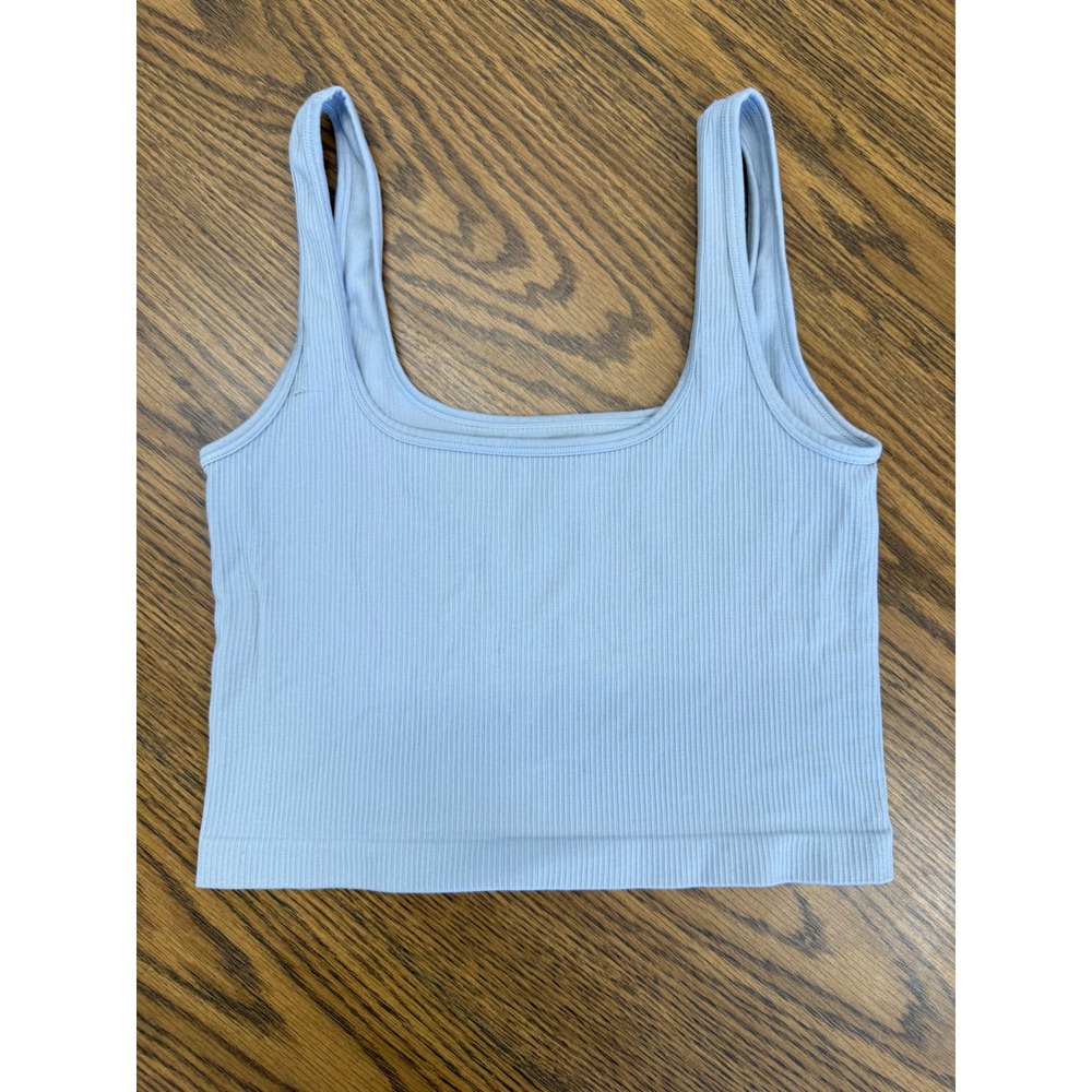 OQQ Light Blue Ribbed Tank Top Square Neck Seamless Crop Top Size M
